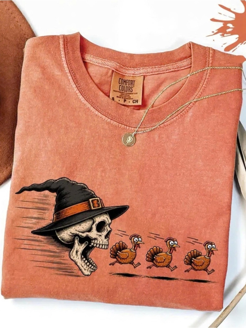 Comfort Colors Orange Halloween Skull Witch Tee - Funny Skeleton Thanksgiving